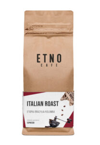 Opakowanie kawy Etno Cafe Italian Roast, mieszanka ziaren z Etiopii, Brazylii i Kolumbii, metoda parzenia espresso.