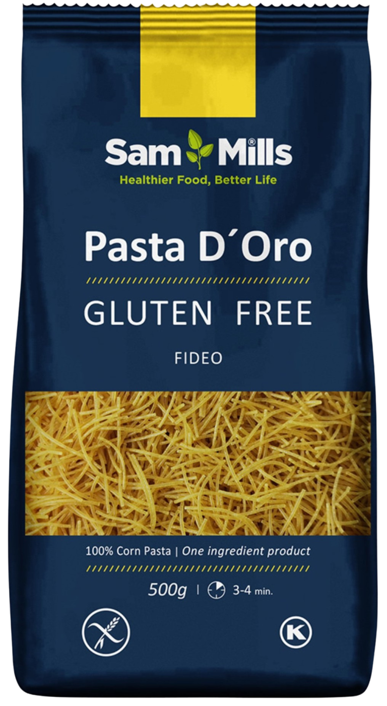 Opakowanie bezglutenowego makaronu kukurydzianego Sam Mills Pasta D'Oro, 500g.