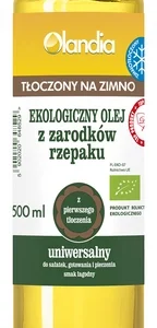 Ekologiczny olej z zarodków rzepaku Olandia, 500 ml, tłoczony na zimno, idealny do sałatek i gotowania.