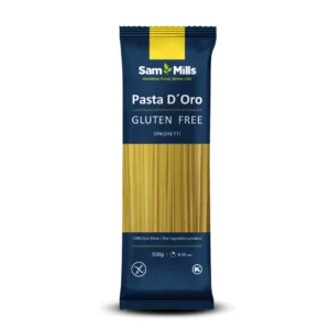 Gluten-free spaghetti Sam Mills Pasta D’Oro, 500g, made from corn, in blue packaging.