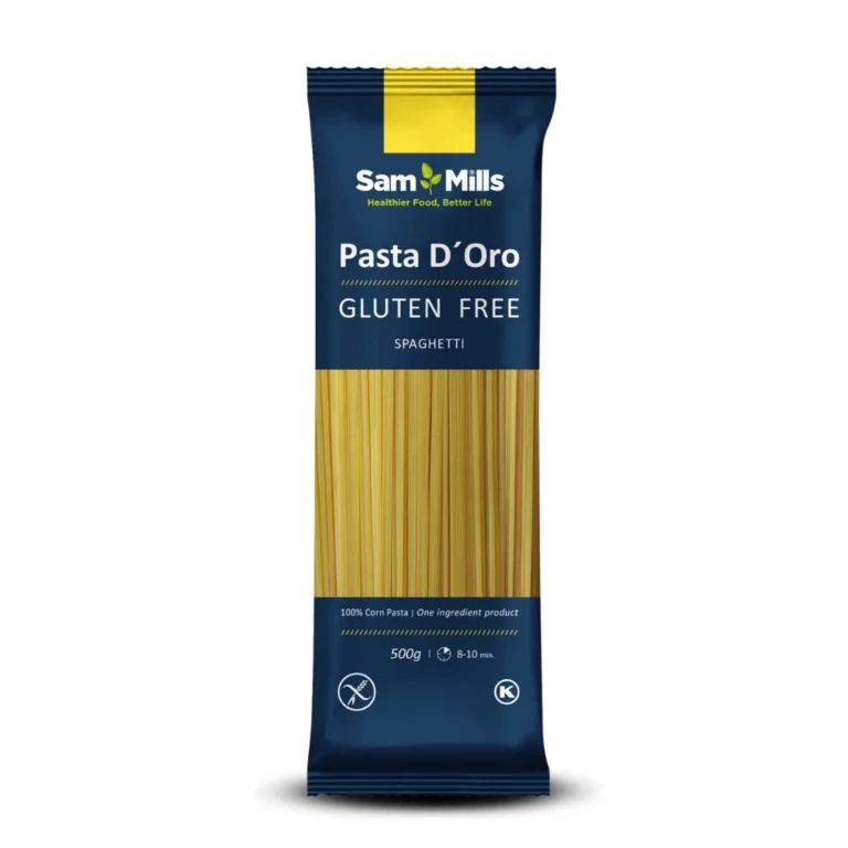 Gluten-free spaghetti Sam Mills Pasta D’Oro, 500g, made from corn, in blue packaging.