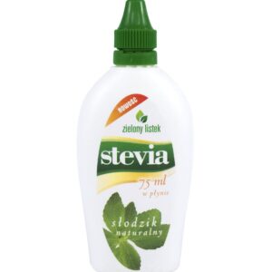 Butelka płynnego słodzika stewia Zielony Listek, 75 ml, naturalny słodzik z etykietą i zieloną zakrętką.