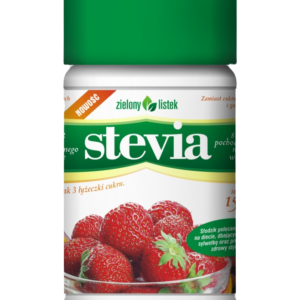 Opakowanie sztucznego słodzika Stevia Zielony Listek, truskawki w miseczce na etykiecie.