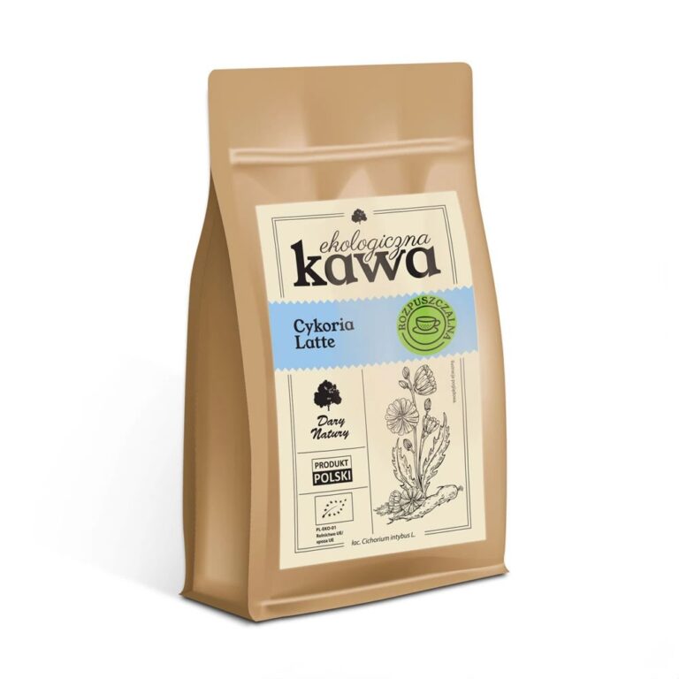 Ekologiczna kawa Cykoria Latte w opakowaniu z etykietą Produkt Polski, marki Dary Natury.