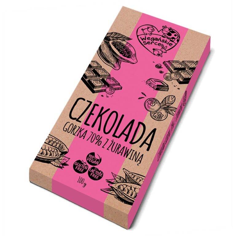 Wegańska czekolada gorzka 70% z żurawiną, bez glutenu i laktozy, opakowanie różowe, 100g.