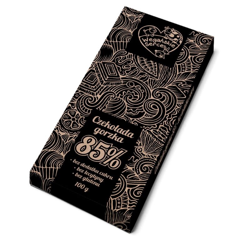 Opakowanie czekolady gorzkiej 85% Weganskie Serca, bez cukru, lecytyny i glutenu, 100g, z ozdobnym wzorem.