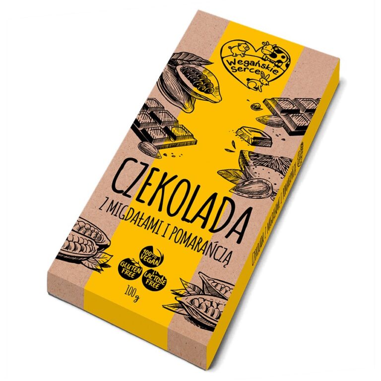 Wegańska czekolada z migdałami i pomarańczą, bez glutenu i laktozy, 100 g, opakowanie z żółtą grafiką.