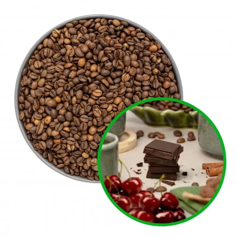 Ziarna kawy w misce i kawałki czekolady z wiśniami na stole w osobnym okienku.