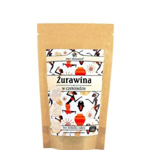 Opakowanie żurawiny w czekoladzie bez cukru Pięć Przemian 100g, biała etykieta z kolorowymi wzorami.