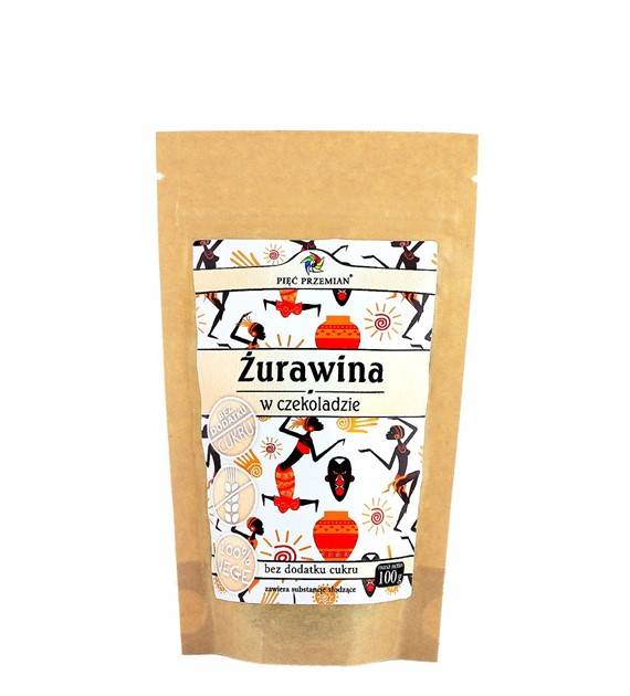 Opakowanie żurawiny w czekoladzie bez cukru Pięć Przemian 100g, biała etykieta z kolorowymi wzorami.