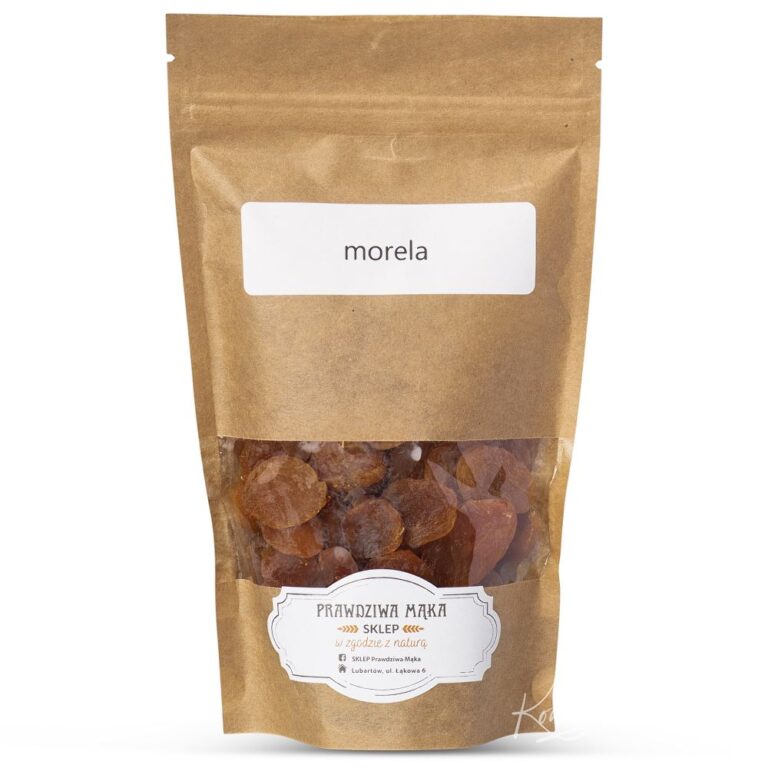 Pakowany suszony morela w brązowej torbie z etykietą i nazwą Prawdziwa Mąka.