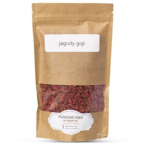 Opakowanie brązowe jagody goji z przezroczystym okienkiem, etykieta Prawdziwa Mąka Sklep.