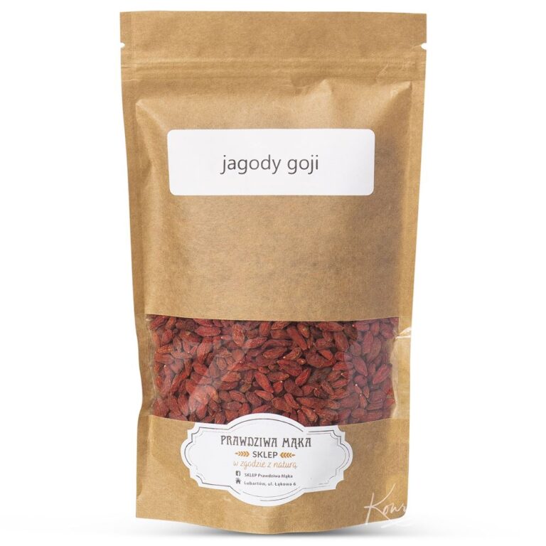 Opakowanie brązowe jagody goji z przezroczystym okienkiem, etykieta Prawdziwa Mąka Sklep.