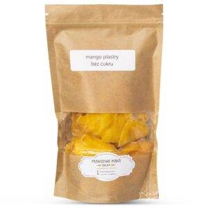 Opakowanie suszonych plastrów mango bez cukru w brązowej torebce z etykietą, widok z przodu.