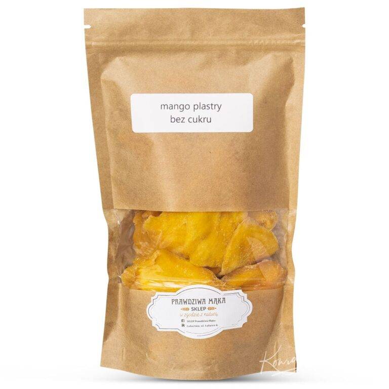 Opakowanie suszonych plastrów mango bez cukru w brązowej torebce z etykietą, widok z przodu.
