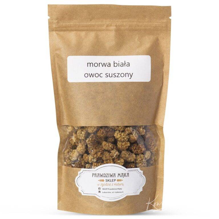 Suszone owoce morwy białej w brązowej torebce z etykietą morwa biała owoc suszony od Prawdziwa Mąka.