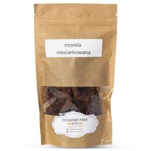 Opakowanie suszonych moreli niesiarkowanych w ekologicznej torebce papierowej z przezroczystym okienkiem.