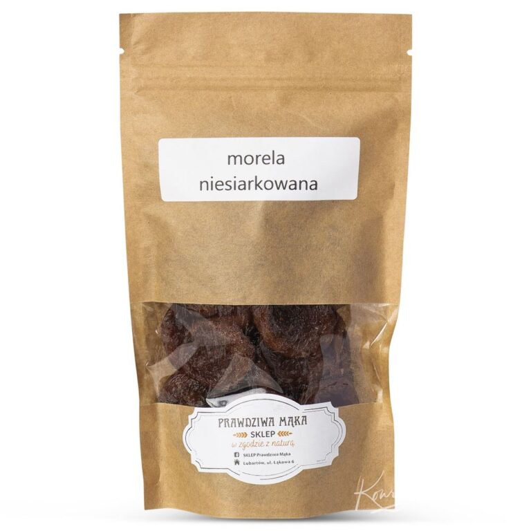 Opakowanie suszonych moreli niesiarkowanych w ekologicznej torebce papierowej z przezroczystym okienkiem.