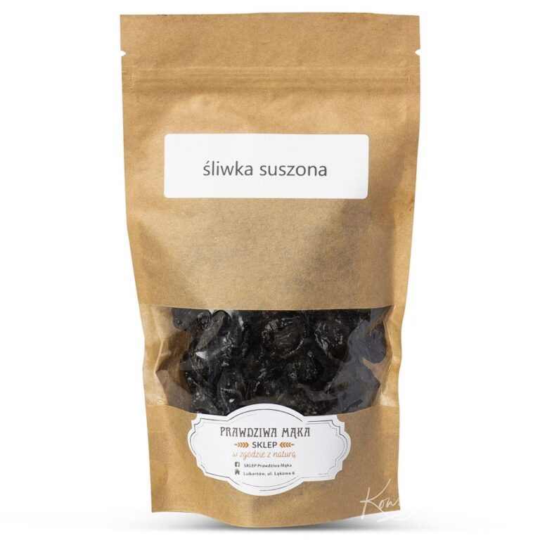 Opakowanie suszonych śliwek w brązowej torebce z przezroczystym panelem i etykietą Prawdziwa Mąka.
