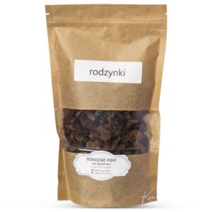 Brązowa torebka z rodzynkami, etykieta z napisem rodzynki, opakowanie ekologiczne.