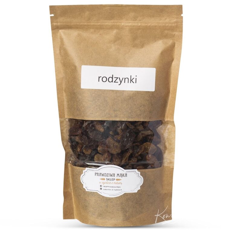 Brązowa torebka z rodzynkami, etykieta z napisem rodzynki, opakowanie ekologiczne.