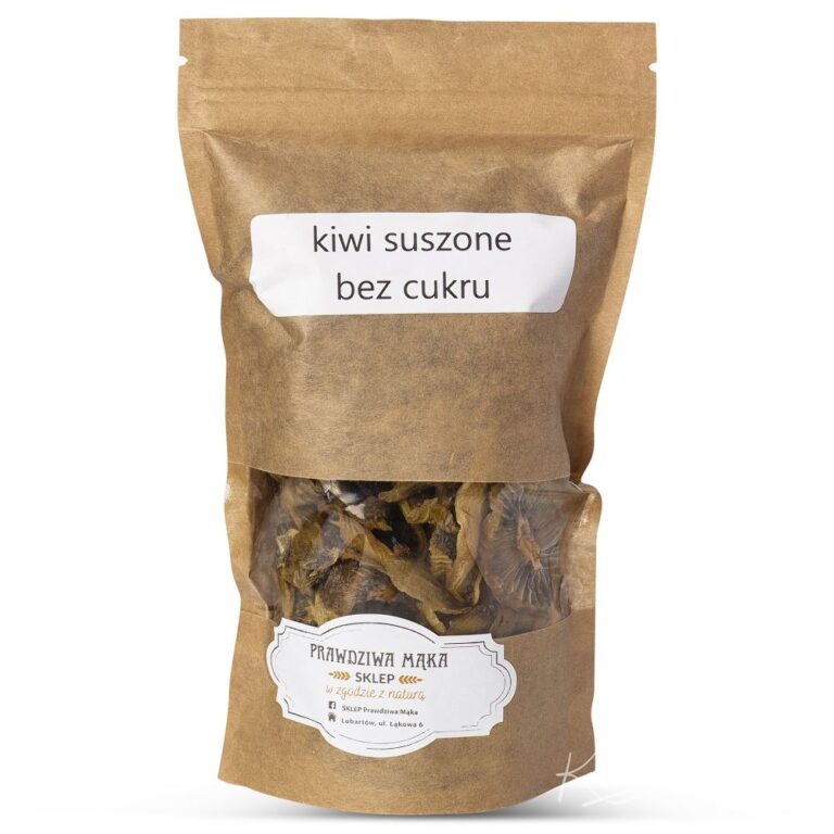 Opakowanie suszonego kiwi bez cukru z etykietą; produkt naturalny, brązowa torba.