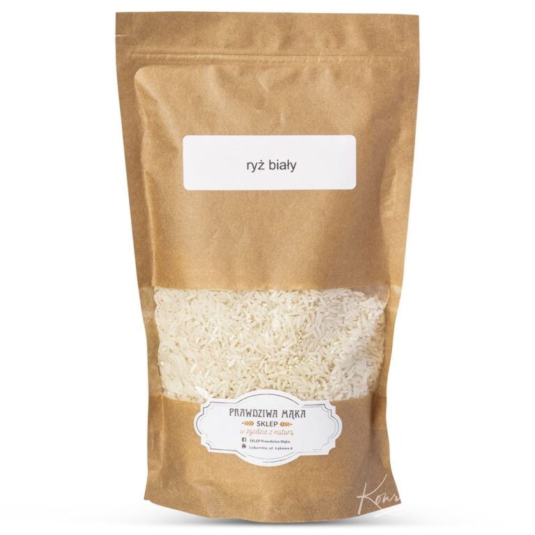 Eco-friendly paper bag with white rice, labeled ryż biały, isolated on a white background.