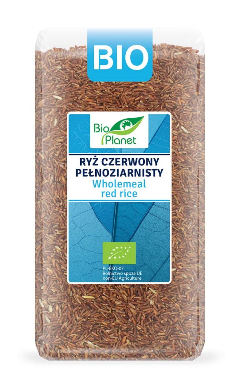 Opakowanie czerwonego ryżu pełnoziarnistego Bio Planet z certyfikatem ekologicznym UE.