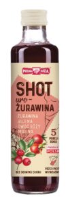 Butelka soku smakowego Polska Róża z napisem „Shot uro-żurawina”, żurawina, owoc róży i malina na etykiecie.