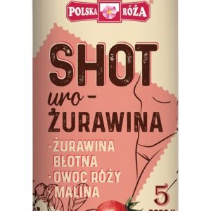 Butelka soku smakowego Polska Róża z napisem „Shot uro-żurawina”, żurawina, owoc róży i malina na etykiecie.