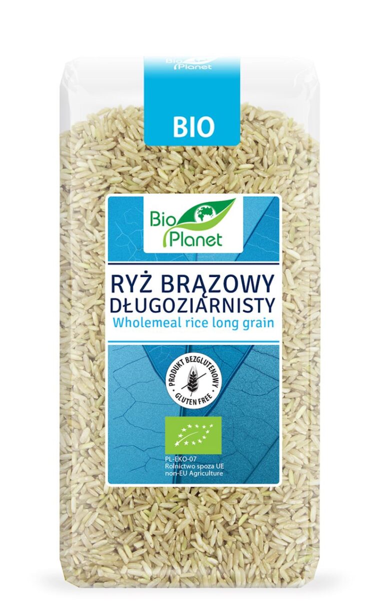Opakowanie ekologicznego brązowego ryżu długoziarnistego Bio Planet, bezglutenowego.