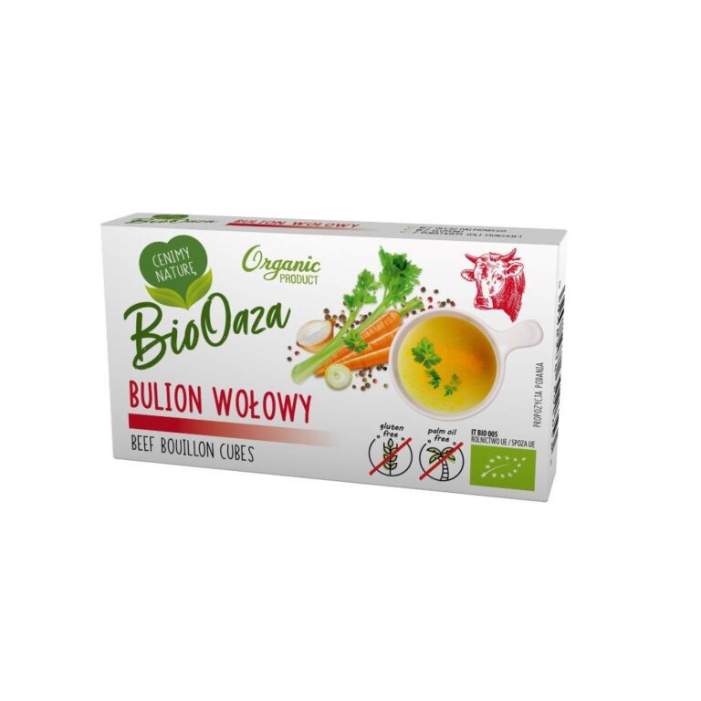 Ekologiczne kostki rosołowe BioOaza wołowe, wolne od glutenu i oleju palmowego. Produkt organiczny.