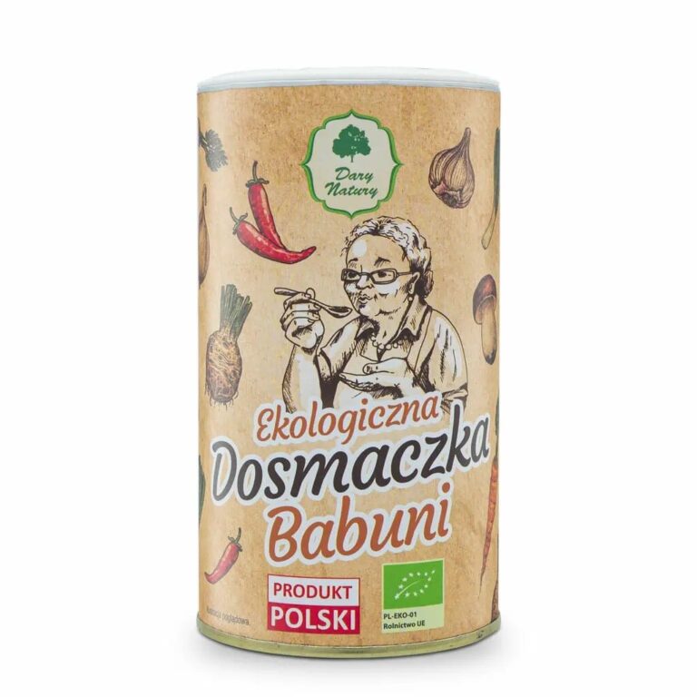 Ekologiczna przyprawa Dary Natury Dosmaczka Babuni w puszce z babcią na etykiecie, certyfikat Produkt Polski.