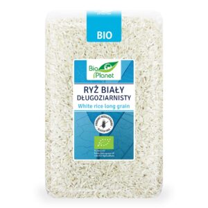 Opakowanie białego ryżu długoziarnistego Bio Planet, oznaczone jako produkt bezglutenowy.