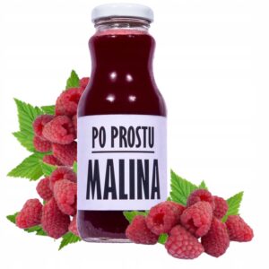 Butelka soku malinowego z napisem „Po prostu malina”, otoczona świeżymi malinami na białym tle.