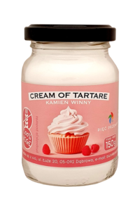 Słoik z kremem tatarskim Cream of Tartar, 100% wege, masa netto 150g, opakowanie z różową etykietą i logo.