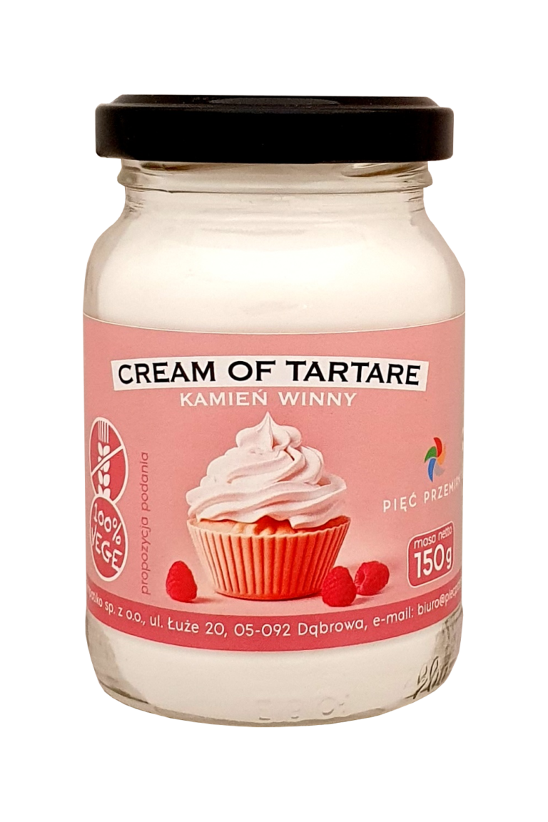 Słoik z kremem tatarskim Cream of Tartar, 100% wege, masa netto 150g, opakowanie z różową etykietą i logo.