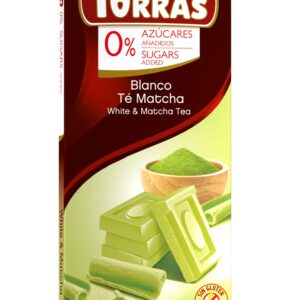 Opakowanie czekolady Torras z białą czekoladą i matchą, bez dodatku cukru, bez glutenu.