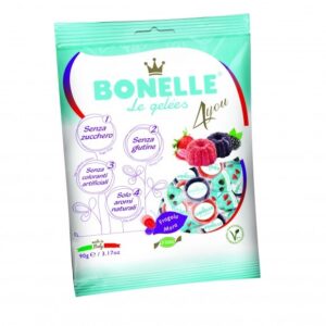 Opakowanie żelek Bonelle o smakach truskawki i morwy, bez cukru i glutenu, z naturalnymi aromatami, 90g.