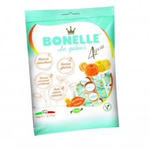 Opakowanie żelków Bonelle bez cukru i glutenu, o smakach mandaryny i cytryny, z naturalnymi aromatami.