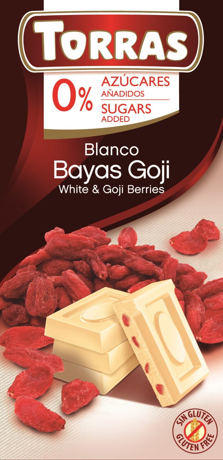 Biała czekolada Torras z jagodami goji, bez cukru i glutenu, hiszpańska etykieta opakowania.