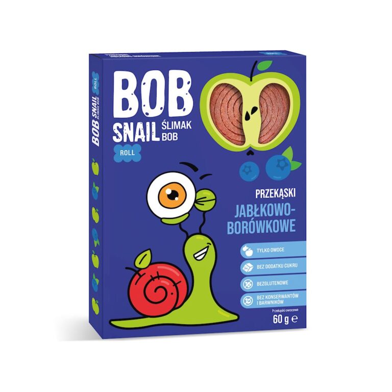 Opakowanie przekąsek Bob Snail smak jabłkowo-borówkowy, bez cukru, bezglutenowe, 60g.