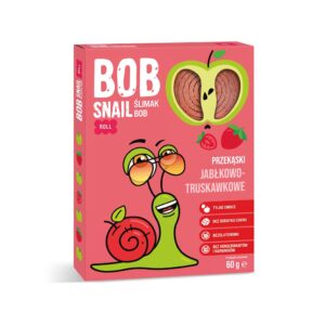 Opakowanie przekąsek z jabłkami i truskawkami Bob Snail, 60 g, bez cukru i konserwantów, różowy karton.