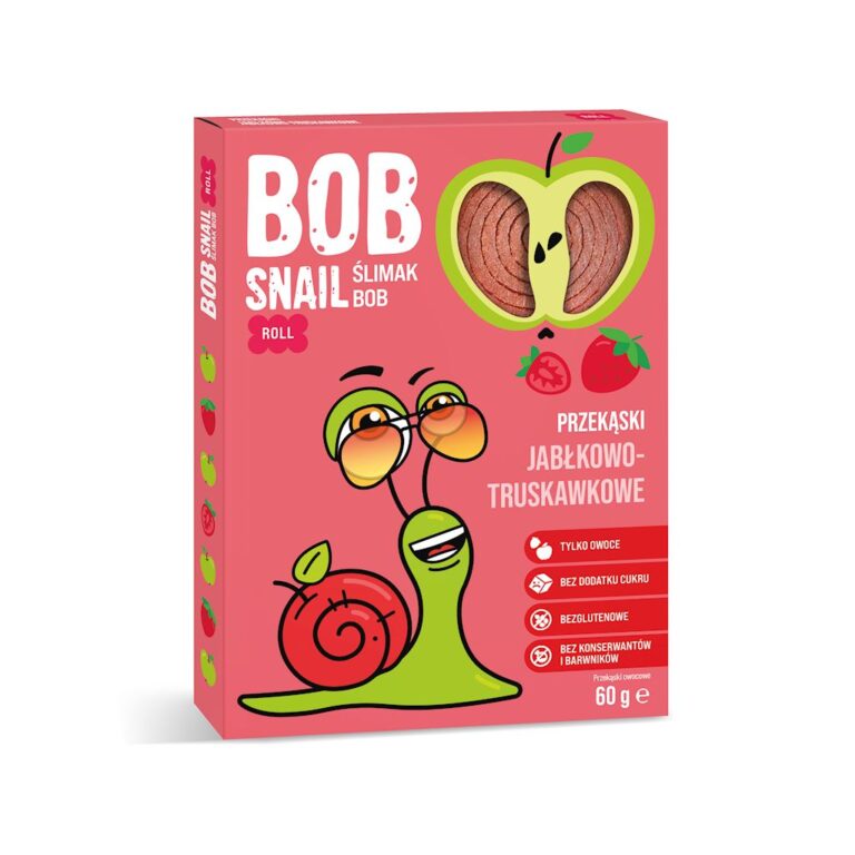 Opakowanie przekąsek z jabłkami i truskawkami Bob Snail, 60 g, bez cukru i konserwantów, różowy karton.