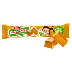 Batonik Monkey Mania jabłko-cytryna w żółtym opakowaniu z małpką, kiwi i kostkami galaretek.
