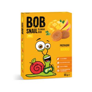 Opakowanie przekąsek Bob Snail o smaku mango, grafika z zabawnym ślimakiem i świeżymi owocami.
