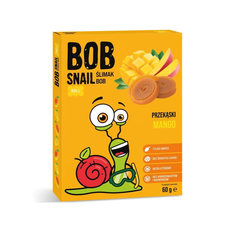 Opakowanie przekąsek Bob Snail o smaku mango, grafika z zabawnym ślimakiem i świeżymi owocami.