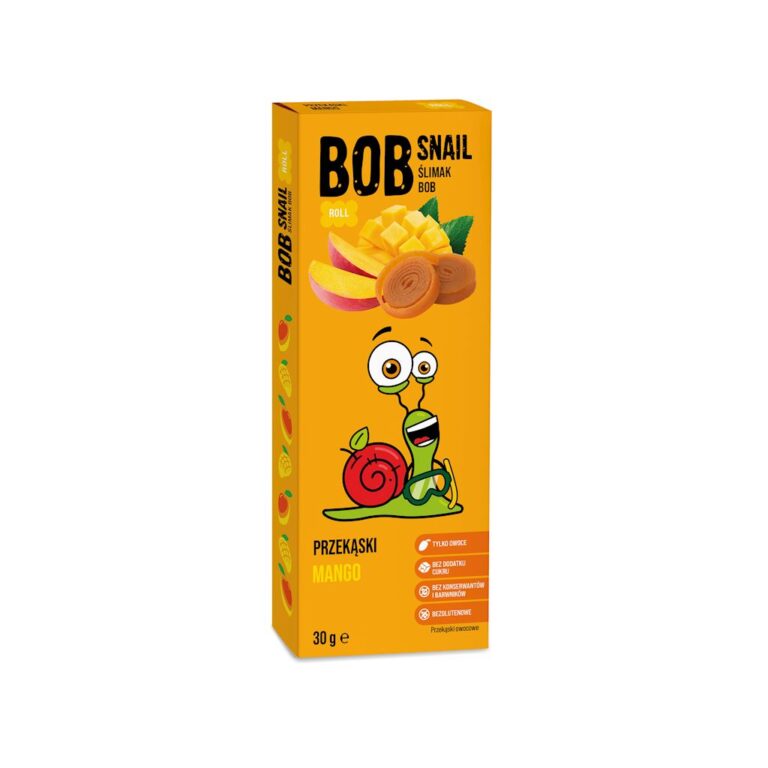 Opakowanie przekąsek Bob Snail Mango z ilustracją wesołego ślimaka i kawałków mango. Przekąska owocowa bez dodatku cukru.