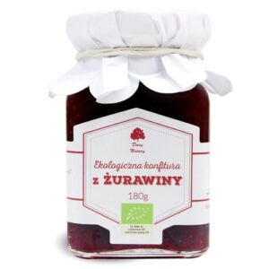 Słoik ekologicznej konfitury z żurawiny 180g, z białą zakrętką i etykietą z logo producenta.