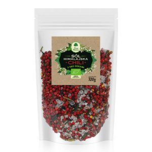 Opakowanie soli himalajskiej z chili i ziołami, w przezroczystej torbie, 320 g.